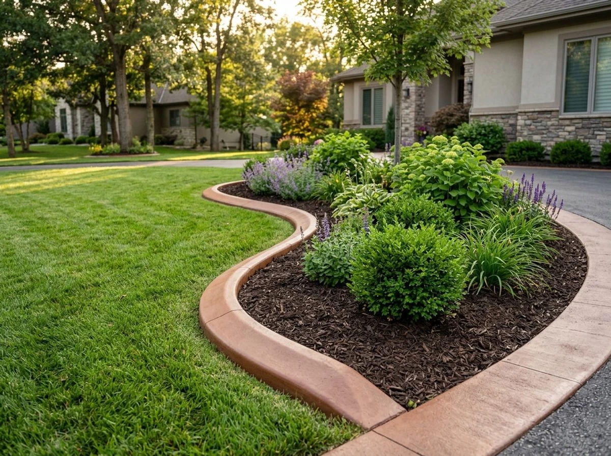 Sealed decorative concrete curbing with rich color depth along a landscape bed