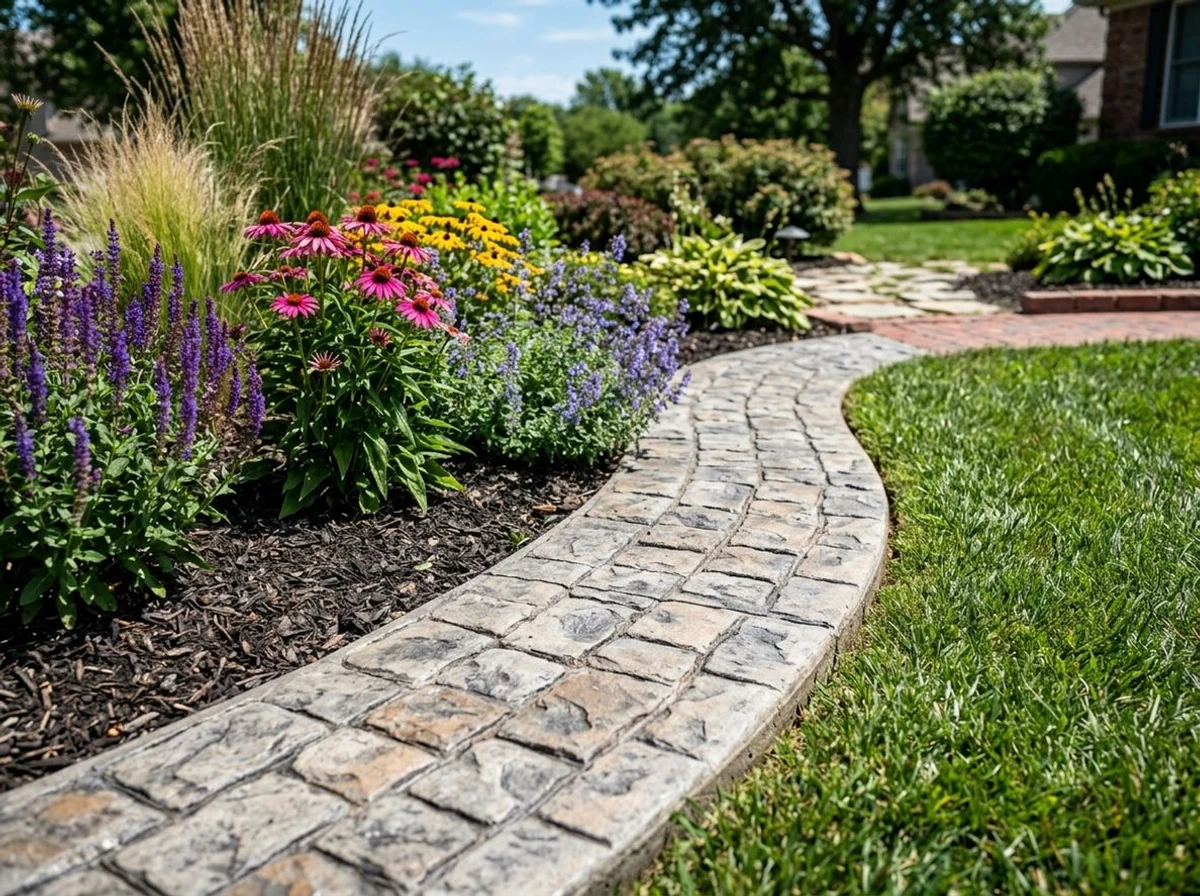 Freshly sealed decorative concrete curbing with a rich wet-look finish in Greater St. Louis, Missouri